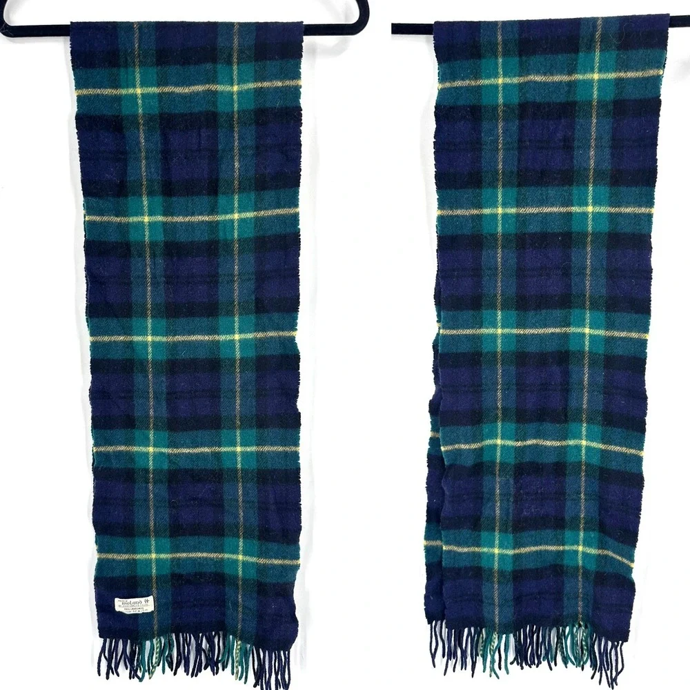 Vintage‎ Ireland lambswool Winter Scarf Tartan Plaid Blue Green Yellow Men